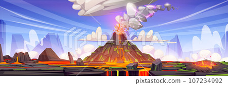 Volcano eruption landscape with active crater 107234992