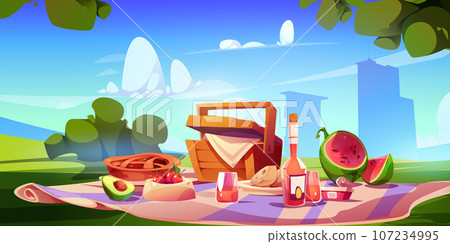 Picnic served on lawn in urban park Picnic served on lawn in urban park 107234995
