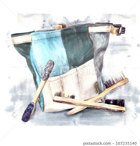 Sport bag with pockets and magnesium brushes. Equipment for rock climbing, bouldering Watercolor illustration isolated white background with aquarelle splashes Design for stickers, magnet, cards, logo 107235140
