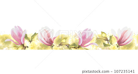 Flower Seamless border pattern. Hand painted illustration of purple Magnolia.Isolated white background with green watercolor stains.Horizontal repeating border, banner, wallpaper, wrapping paper. Flower Seamless border pattern. Hand painted illustration of purple Magnolia.Isolated white background with green watercolor stains.Horizontal repeating border, banner, wallpaper, wrapping paper. 107235141