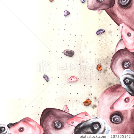 Climbing stones different shapes and colors frame with bouldering wall background Watercolor illustration isolated. Sport bouldering design for print of cards, banners, invitation with space for text Climbing stones different shapes and colors frame with bouldering wall background Watercolor illustration isolated. Sport bouldering design for print of cards, banners, invitation with space for text 107235142