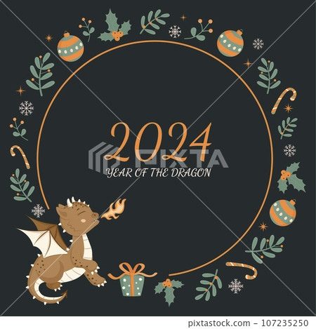 Christmas card in cartoon style. A fire-breathing fairy-tale dragon. A little dinosaur. A wreath of twigs with leaves, Christmas balls, gift boxes, sweets. 2024 is the year of the dragon! 107235250