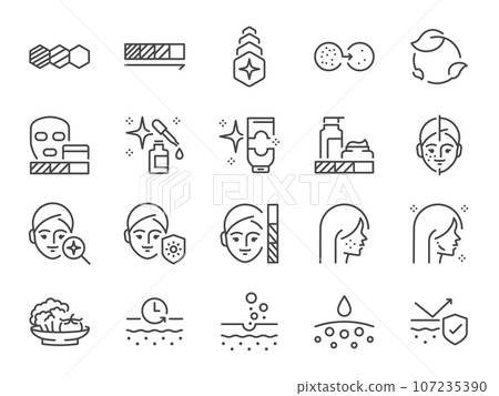 Glutathione icon set. It included face, facial, gluta, skin, and more icons. Editable Vector Stroke. 107235390
