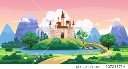Fantasy fairytale castle landscape, green hills, trees, spring, road, mountains, panorama. Vector cartoon background illustration 107235734