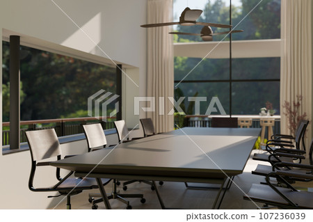 Interior design of a modern spacious meeting room with a large meeting table, armchairs, and decor. 107236039