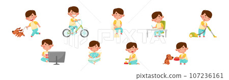 Little Boy Enjoying Different Daily Activity Vector Set Little Boy Enjoying Different Daily Activity Vector Set 107236161