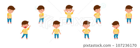 Little Boy Character Showing Face Expression and Emotion with Gesture Vector Set 107236170