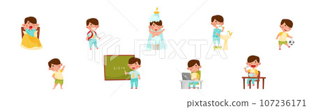 Little Boy Enjoying Different Daily Activity Vector Set 107236171