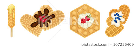 Sweet Waffle Dessert with Cream and Chocolate with Berry Vector Set Sweet Waffle Dessert with Cream and Chocolate with Berry Vector Set 107236409