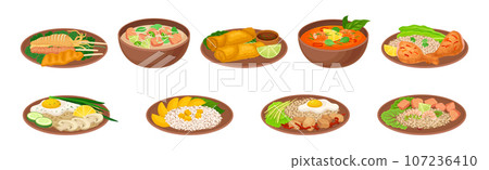 Appetizing Thai Food Served on Plates Vector Set Appetizing Thai Food Served on Plates Vector Set 107236410