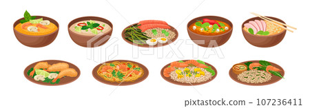 Appetizing Thai Food Served on Plates Vector Set 107236411