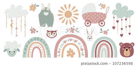 Boho baby rainbow clipart. Boho color rainbow, animals and baby elements for your project. 107236598