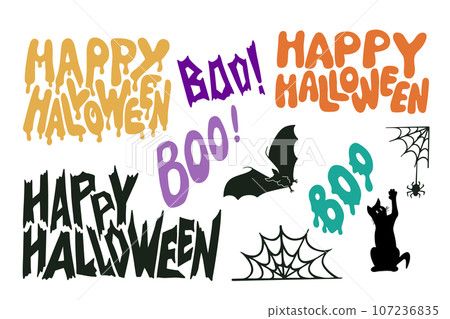 Halloween greetings lettering in bold colors. Set of lettering stickers for holiday decoration. Creepy hand drawn flat design Halloween greetings lettering in bold colors. Set of lettering stickers for holiday decoration. Creepy hand drawn flat design 107236835