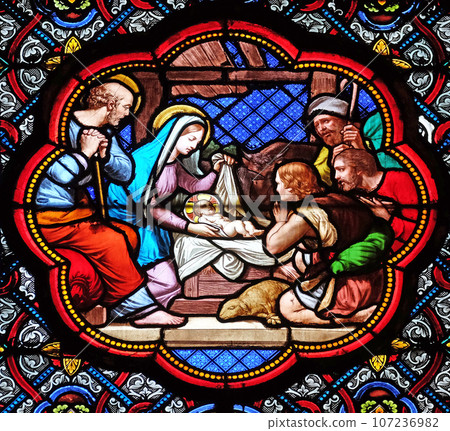 Nativity Scene, Adoration of the Shepherds, stained glass window in the Basilica of Saint Clotilde in Paris, France Nativity Scene, Adoration of the Shepherds, stained glass window in the Basilica of Saint Clotilde in Paris, France 107236982