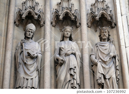 Statues of Saints on the portal of the Basilica of Saint Clotilde in Paris, France 107236992