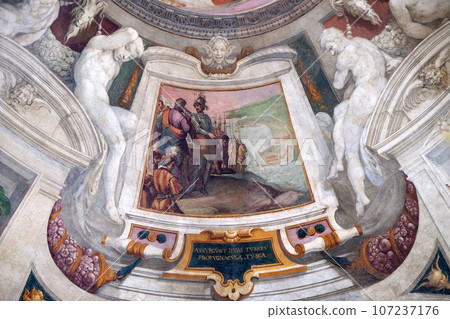 Episodes of the life of Cosimo I de 'Medici fresco by Bernardino Poccetti Ospedale degli Innocenti - Exterior arcade, Florence, Italy 107237176