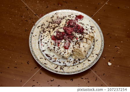 dessert cottage cheese, raspberries and chocolate chips dessert cottage cheese, raspberries and chocolate chips 107237254