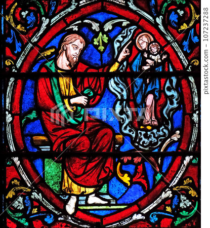 Tree of Jesse, stained glass window in the Notre Dame Cathedral, UNESCO World Heritage Site in Paris, France Tree of Jesse, stained glass window in the Notre Dame Cathedral, UNESCO World Heritage Site in Paris, France 107237288