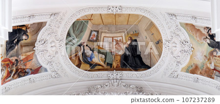 St. Benedict prays for a dead man, fresco by Cosmas Damian Asam in the Basilica of St. Martin and Oswald in Weingarten, Germany St. Benedict prays for a dead man, fresco by Cosmas Damian Asam in the Basilica of St. Martin and Oswald in Weingarten, Germany 107237289