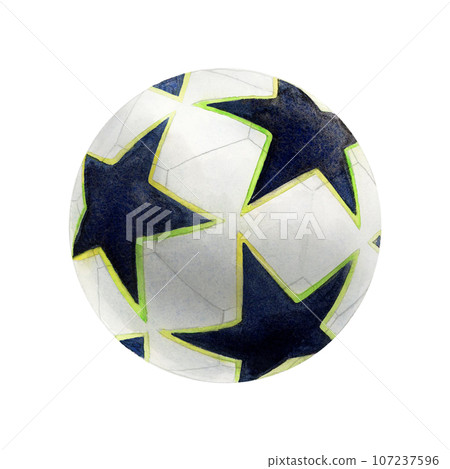 Watercolor drawing of football ball black and white and yellow with stars. Scillfully painted ball for favourite game isolated on white background. For logo banners cards leaflet textile print sticker Watercolor drawing of football ball black and white and yellow with stars. Scillfully painted ball for favourite game isolated on white background. For logo banners cards leaflet textile print sticker 107237596