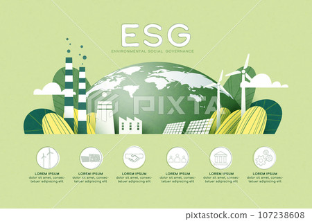 ESG as environmental social and governance concept.Green ecology and alternative renewable energy.Paper art Vector illustration. 107238608