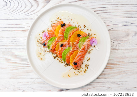 Salmon ceviche with avocado, orange and mango salsa 107238638