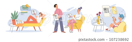 Cashless payment. Vector illustration. Touchless payment methods are especially useful in situations where hygiene is important Retailers are increasingly adopting contactless payment systems to cater Cashless payment. Vector illustration. Touchless payment methods are especially useful in situations where hygiene is important Retailers are increasingly adopting contactless payment systems to cater 107238692