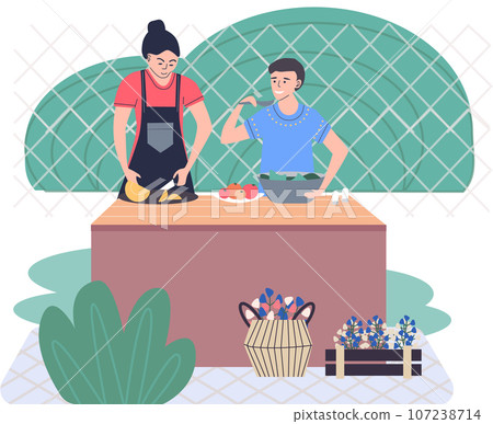 People cook food at home together set. Men and women at kitchen table cooking breakfast, lunch, dinner dishes, preparing salad and vegetarian dish. Characters preparing healthy homemade food People cook food at home together set. Men and women at kitchen table cooking breakfast, lunch, dinner dishes, preparing salad and vegetarian dish. Characters preparing healthy homemade food 107238714