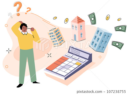 Man choosing between rent and sell property. Rent apartment, buying house. Mortgage loan, real estate investment. Choice between selling and tenancy home. Home purchase dealing. Expensive housing 107238755