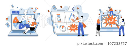 Promotion discount sale. Vector illustration. Flash sale online, rocket launch in world of steady e-commerce Sales index, DNA test of market identity Forecast of future sales, blueprint of business 107238757