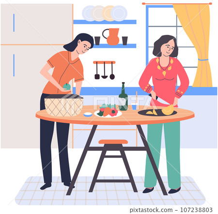 People cooking vegetarian food. Vector illustration. Set of characters cooking meal home. Woman preparing food for dinner. People cooking. Wife preparing healthy alternative from vegetarian nutrition People cooking vegetarian food. Vector illustration. Set of characters cooking meal home. Woman preparing food for dinner. People cooking. Wife preparing healthy alternative from vegetarian nutrition 107238803