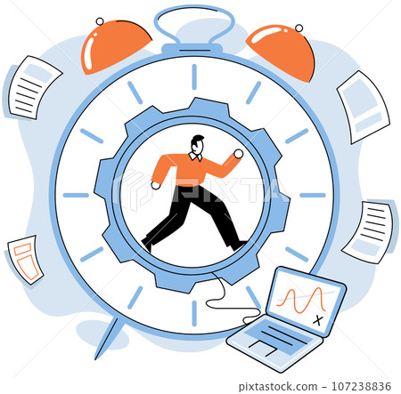 Person using laptop standing near big alarm clock with business icons, work online with digital technology, remote office with computer, distant communication with colleagues. Time management Person using laptop standing near big alarm clock with business icons, work online with digital technology, remote office with computer, distant communication with colleagues. Time management 107238836