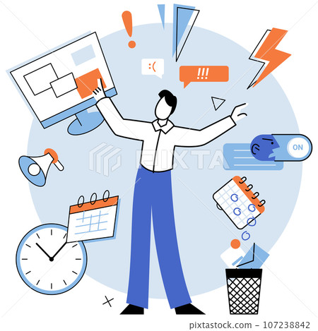 Person using laptop surrounded by business icons, work with digital technology, remote office. Businessman or freelancer with computer, distant communication with colleagues, remote online interaction 107238842