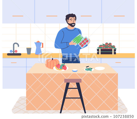 People cooking vegetarian food. Vector illustration. Fresh vegetables, organic food, natural products. Smiling man cooking homemade meals in small cozy kitchen. Father preparing dinner on big stove People cooking vegetarian food. Vector illustration. Fresh vegetables, organic food, natural products. Smiling man cooking homemade meals in small cozy kitchen. Father preparing dinner on big stove 107238850