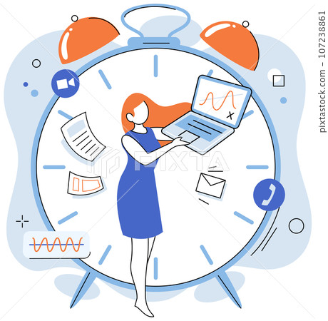 Person using laptop standing near big alarm clock with business icons, work online with digital technology, remote office with computer, distant communication with colleagues. Time management 107238861