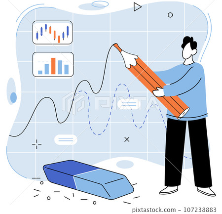 Stock market manipulation concepts set, change business graph indicator, influence crypto currency price for benefit or profit. Character analyzing stock market data to control financial graphic chart 107238883