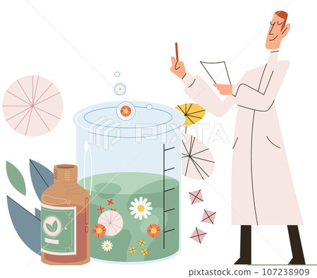 Natural medicine concept with pharmacist examines plants in test tubes. Scientist preparing herbal remedy to patient. Doctor develops ayurvedic homeopathic drugs of plants and herbal Ingredients 107238909