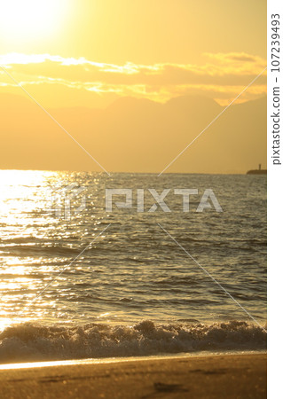 Sunset over the sea and sandy beach 107239493