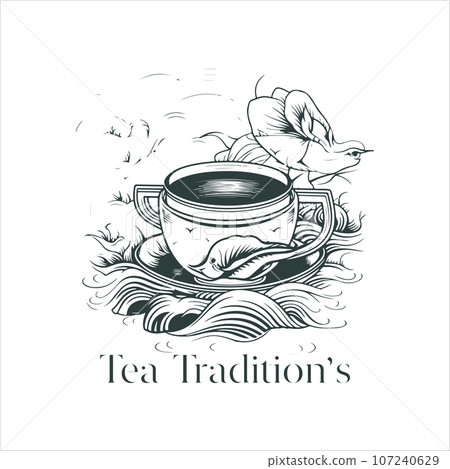 Illustration of Herbal traditional Tea. Tea Cup, tea leaves. Oriental, Chinese tea logo template. Vector Image EPS 10. Flat minimalistic style 107240629