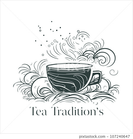 Illustration of Herbal traditional Tea. Tea Cup, tea leaves. Oriental, Chinese tea logo template. Vector Image EPS 10. Flat minimalistic style 107240647