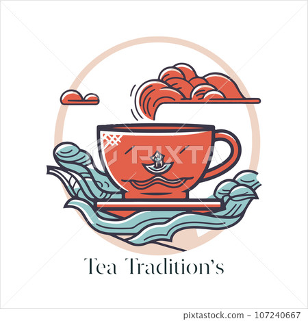 Illustration of Herbal traditional Tea. Tea Cup, tea leaves. Oriental, Chinese tea logo template. Vector Image EPS 10. Flat minimalistic style Illustration of Herbal traditional Tea. Tea Cup, tea leaves. Oriental, Chinese tea logo template. Vector Image EPS 10. Flat minimalistic style 107240667