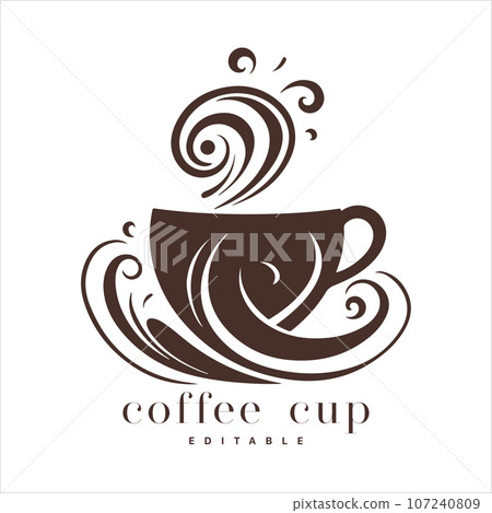 Coffee shop logo template, natural abstract coffee cup with steam, coffee house emblem, creative cafe logotype, modern trendy symbol design vector illustration isolated on white background sign. 107240809