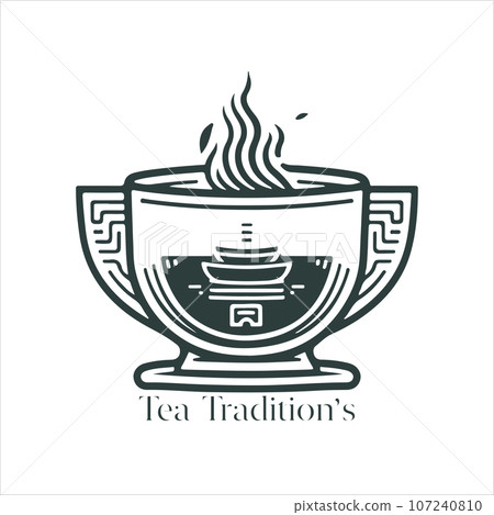 Illustration of Herbal traditional Tea. Tea Cup, tea leaves. Oriental, Chinese tea logo template. Vector Image EPS 10. Flat minimalistic style Illustration of Herbal traditional Tea. Tea Cup, tea leaves. Oriental, Chinese tea logo template. Vector Image EPS 10. Flat minimalistic style 107240810
