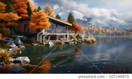 Exterior of modern loft lake house or hotel. Home on mountain river Exterior of modern loft lake house or hotel. Home on mountain river 107240879
