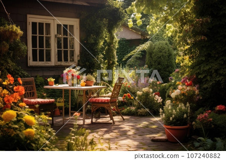 Beautiful garden with table and chairs in summer time. Selective focus 107240882