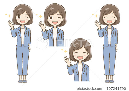 A woman in a pants suit giving an OK sign with her finger A woman in a pants suit giving an OK sign with her finger 107241790