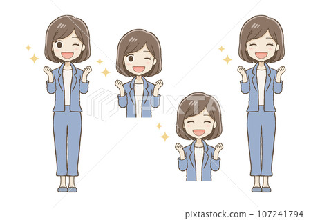 一個穿著褲裝、手勢可愛、微笑的女人 107241794