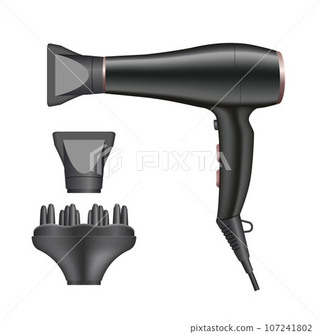 Isolated black hair dryer. Realistic 3d art of hairdresser tools. Fashion salon equipment. Hairstyler girl accessory Isolated black hair dryer. Realistic 3d art of hairdresser tools. Fashion salon equipment. Hairstyler girl accessory 107241802