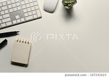 White office desk with keyboard, mouse, notebook and succulent plant. Top view with copy space for your text 107242023