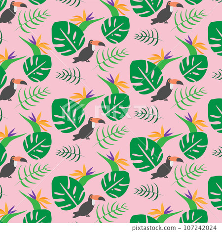 熱帶無縫背景與龜背竹、檳榔棕櫚葉和鳥類 107242024
